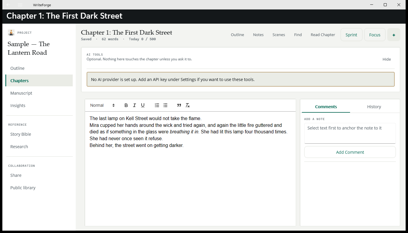 The same editor with the AI drawer opened from its single button: drafting, actions on the selection, editorial feedback and checks — and a Hide button to put it away again.