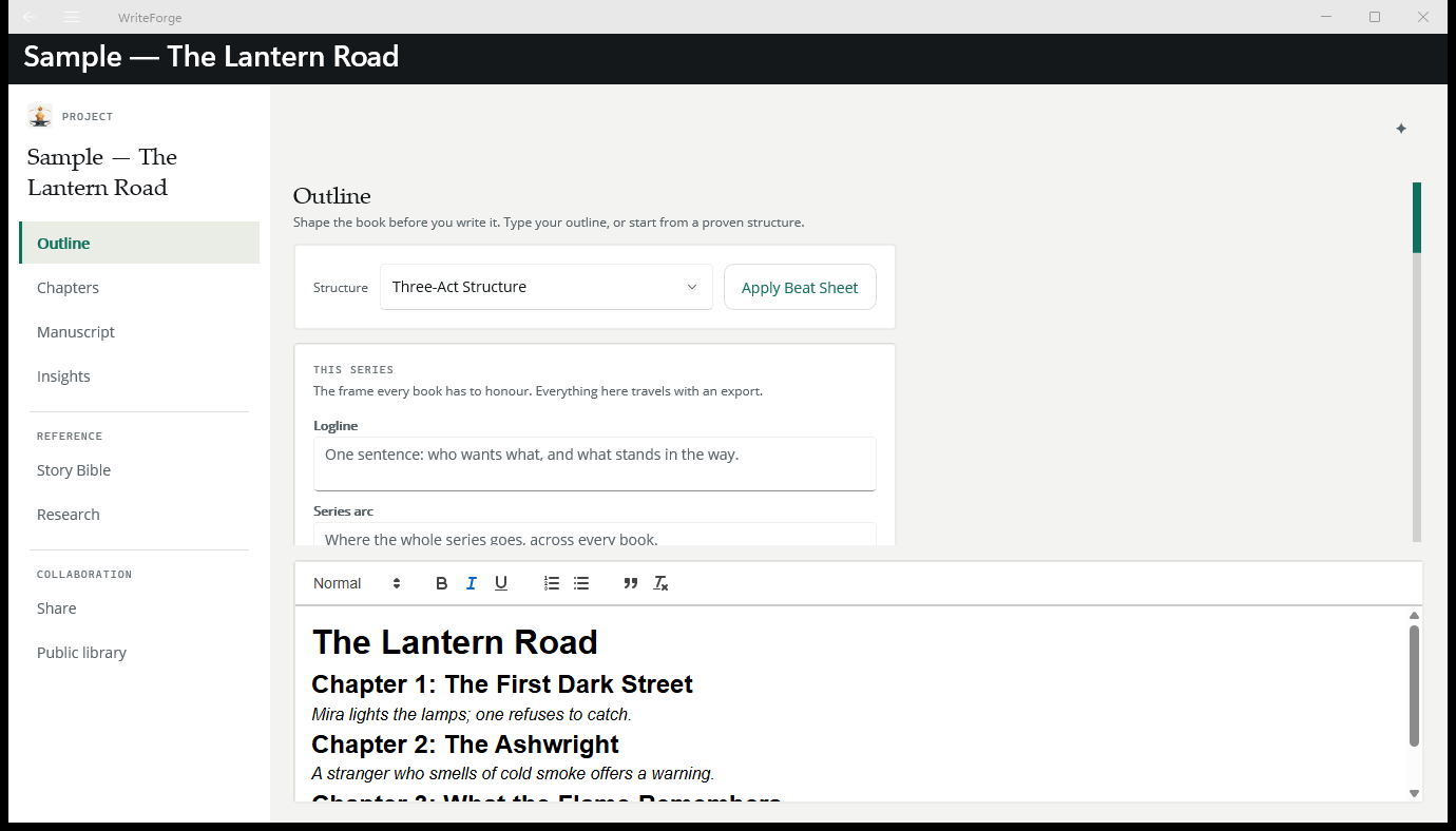 The project workspace: a rail with Outline, Chapters, Manuscript and Insights, and the series frame — logline, arc, themes — beside the outline editor.